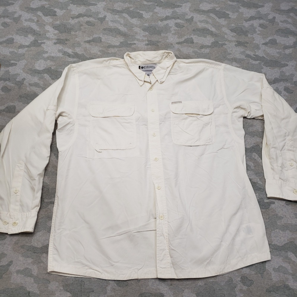 Columbia Shirt Mens Large Beige Pockets Long Sleeve Button-Up Outdoors